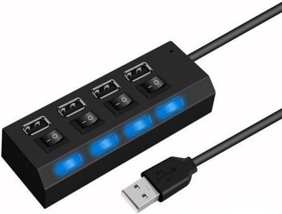4 in 1 USB Poort - USB Splitter - 4 Poort 2.0 USB Hub met Aan/Uit schakelaar - Divider - LED - Geschikt voor Laptops en PC - Zwart